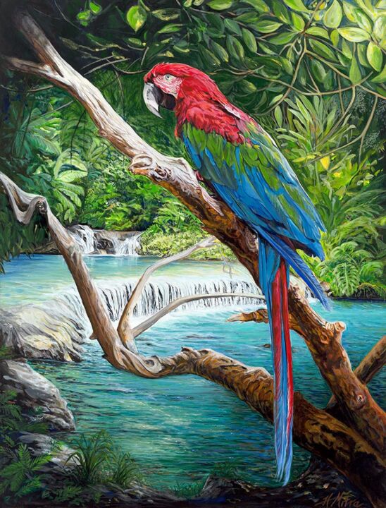 Malerei mit dem Titel "The Scarlet Macaw" von Helen Mitra, Original-Kunstwerk, Acryl