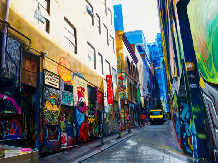 Painting titled "Hosiers Lane - Melb…" by Helen Mitra, Original Artwork, Oil Mounted on Wood Stretcher frame