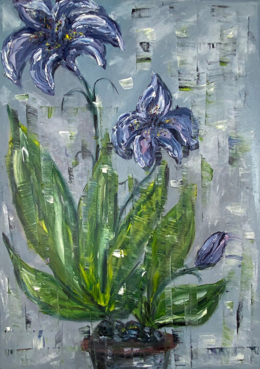 Schilderij getiteld "FLOWERS LILLAC" door Helen She, Origineel Kunstwerk, Olie