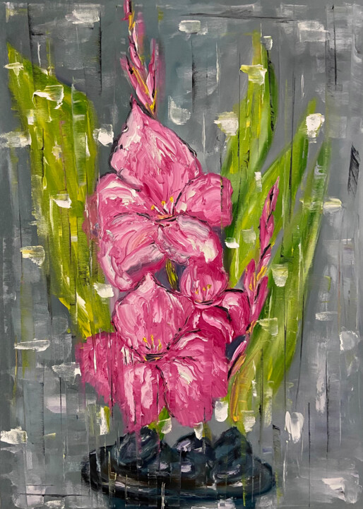 Painting titled "FLOWER GLADIOLUS" by Helen She, Original Artwork, Oil