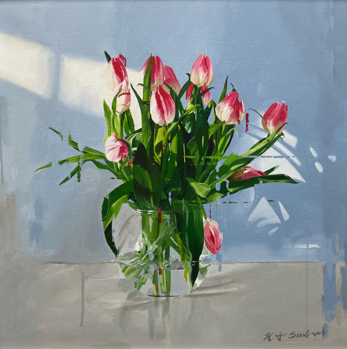 Painting titled "Tulips in glass vase" by Helen Sinfield, Original Artwork, Acrylic