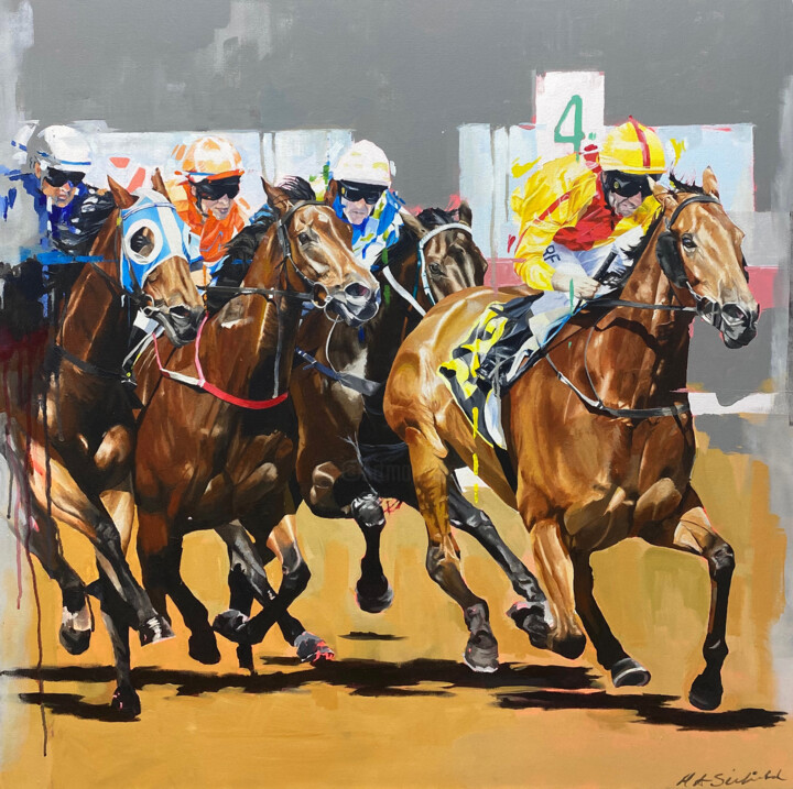 Painting titled "Horse Racing 4th Fu…" by Helen Sinfield, Original Artwork, Acrylic Mounted on Wood Stretcher frame