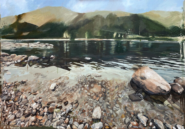 Painting titled "Thirlmere Reservoir" by Helen Sinfield, Original Artwork, Acrylic Mounted on Wood Stretcher frame