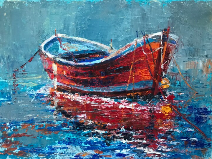 Painting titled "“Red boat”" by Helga Balaban, Original Artwork, Oil
