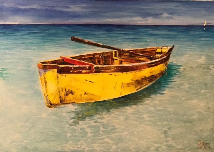 Peinture intitulée "Yellow boat" par Helga Balaban, Œuvre d'art originale, Huile