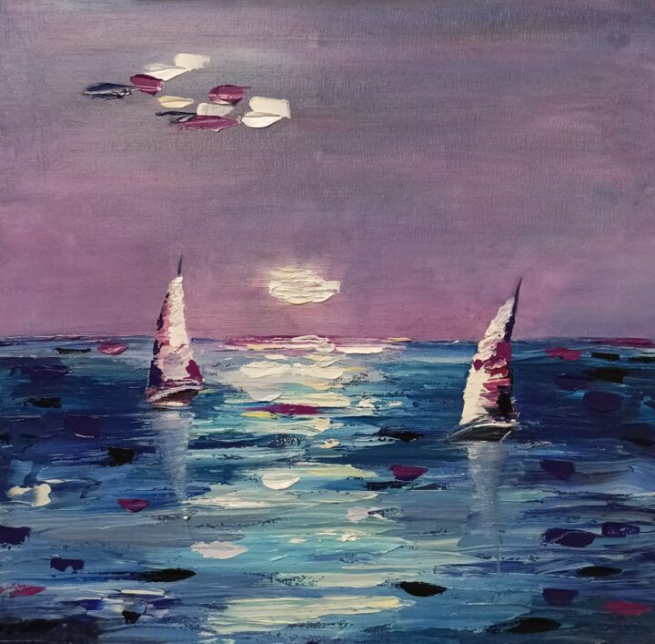 Pittura intitolato "Seascape 28 Night M…" da Helga G, Opera d'arte originale, Olio