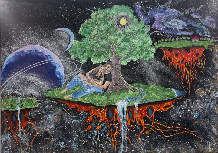 Peinture intitulée "Вселенская симфония" par Helga, Œuvre d'art originale, Acrylique Monté sur Panneau de bois