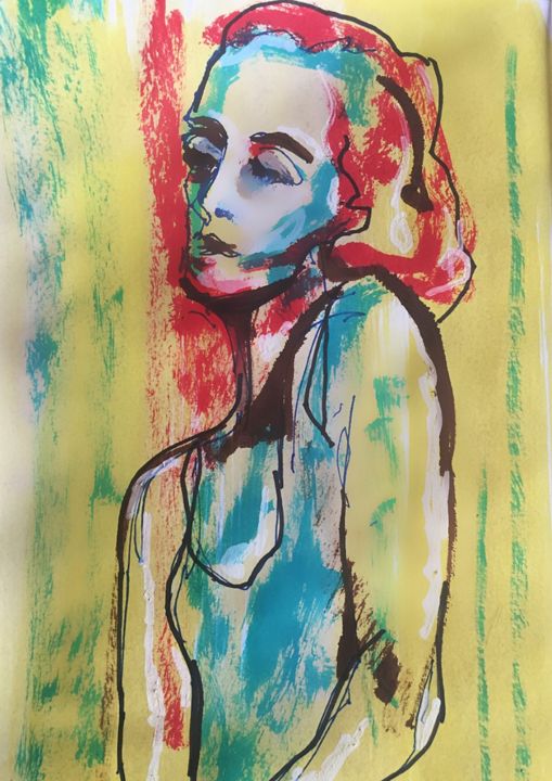Drawing titled "Yellow Red Blue 3" by Helia Tayebi, Original Artwork, Ink