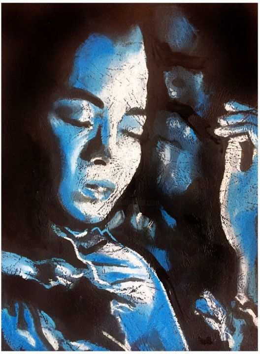 Disegno intitolato "Portrait in Blue 2" da Helia Tayebi, Opera d'arte originale, Pastello