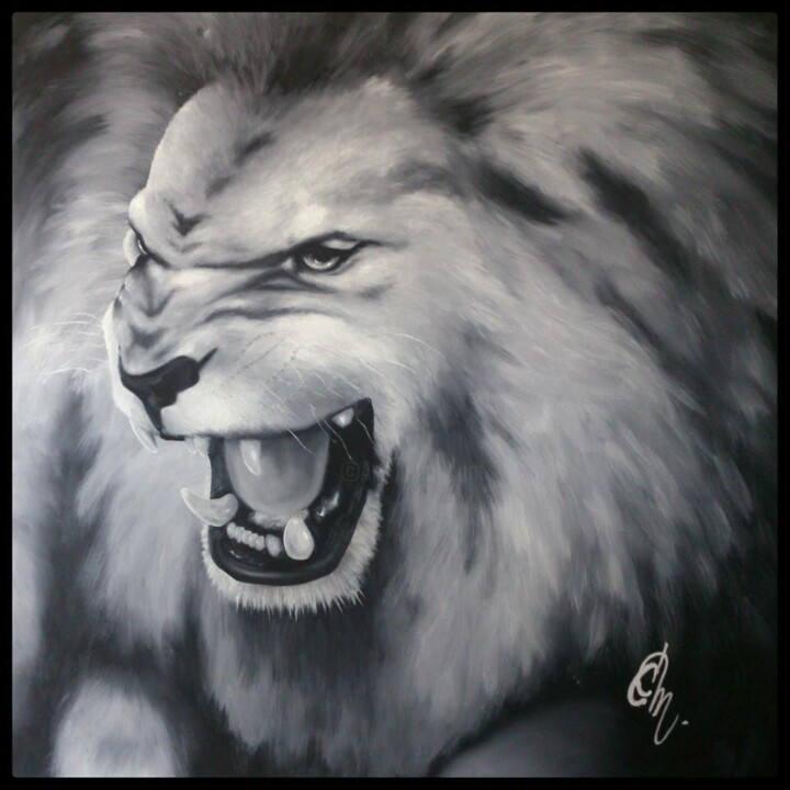 Schilderij getiteld "Lion - animal Afriq…" door Hellokartoffen, Origineel Kunstwerk, Olie Gemonteerd op Frame voor houten br…