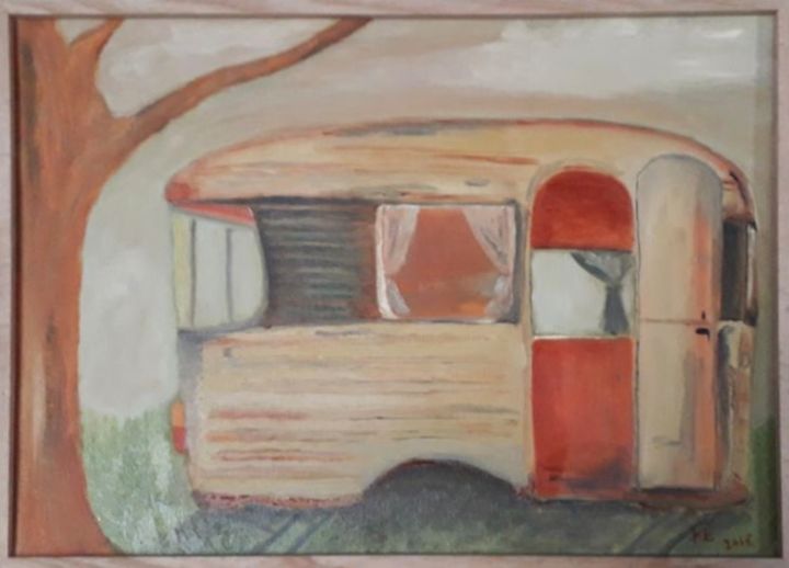 Peinture intitulée "Caravane beige" par Frédérique Cretin (Fé), Œuvre d'art originale, Huile