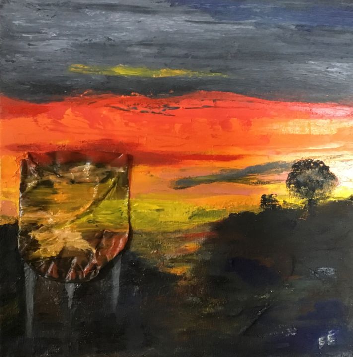 Peinture intitulée "Silo nuit sous ciel…" par Frédérique Cretin (Fé), Œuvre d'art originale, Huile