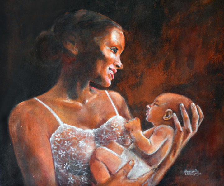 Painting titled "Motherhood" by Hemantha Warakapitiya, Original Artwork, Acrylic Mounted on Wood Stretcher frame