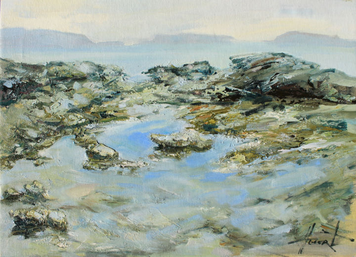 Painting titled "Coastal stones" by Henadzy Havartsou, Original Artwork, Oil Mounted on Wood Stretcher frame
