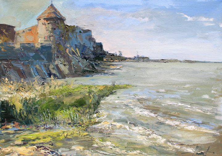 Painting titled "Fortress by the sea" by Henadzy Havartsou, Original Artwork, Oil Mounted on Wood Stretcher frame