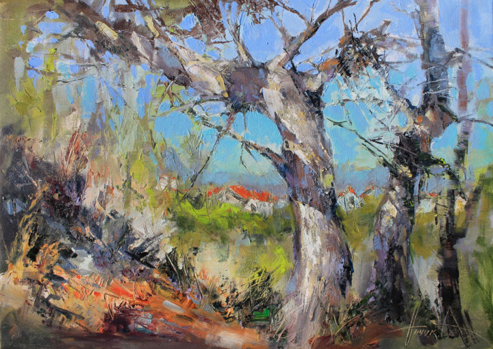 Peinture intitulée "Mediterranean cedars" par Henadzy Havartsou, Œuvre d'art originale, Huile Monté sur Châssis en bois