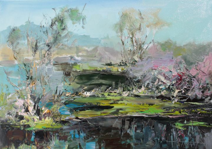 Painting titled "Lake on a spring mo…" by Henadzy Havartsou, Original Artwork, Oil Mounted on Wood Stretcher frame