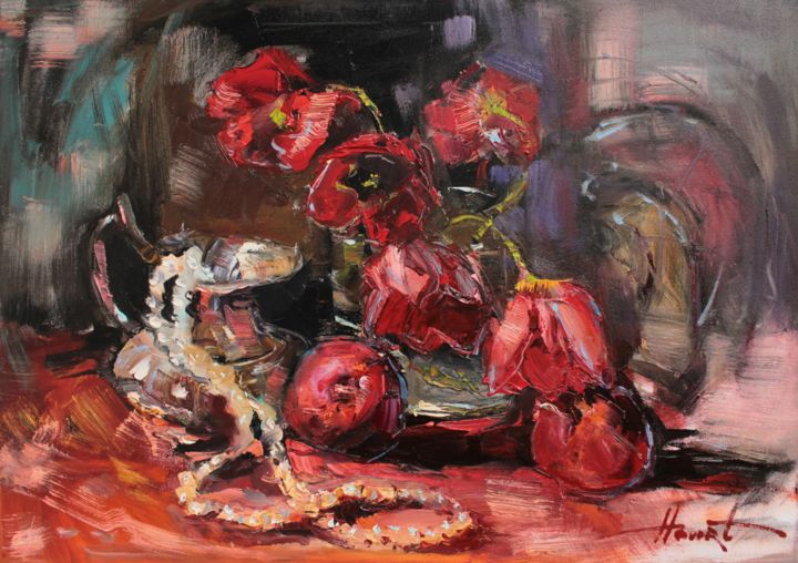 Painting titled "Red tulips" by Henadzy Havartsou, Original Artwork, Oil Mounted on Wood Stretcher frame