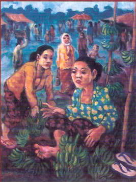 Schilderij getiteld "Penjual Pisang" door Hendro Iswanto, Origineel Kunstwerk