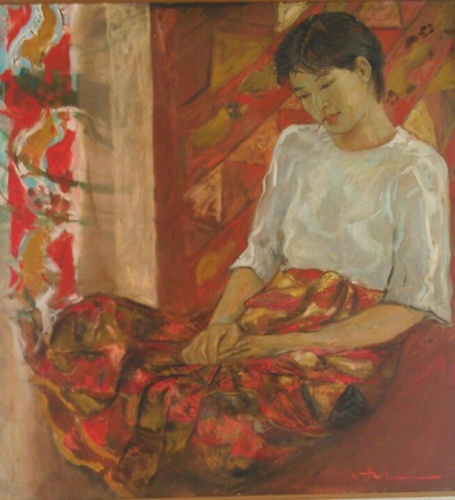 Painting titled "Young Lady in Sarung" by Heng Eowlin, Original Artwork, Oil