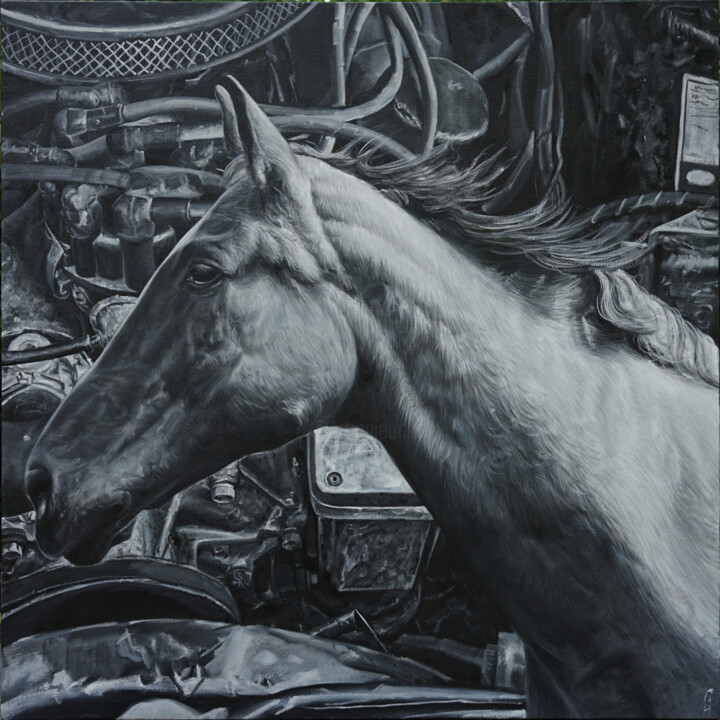 Painting titled "vigorous horse" by Heng Qiang, Original Artwork, Oil