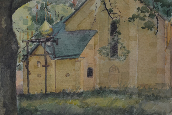 Schilderij getiteld "Church. Natalievka.…" door Hennadii Volokitin, Origineel Kunstwerk, Aquarel