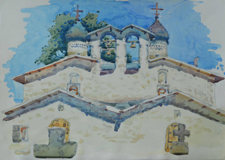 Painting titled "Church of the Inter…" by Hennadii Volokitin, Original Artwork, Watercolor