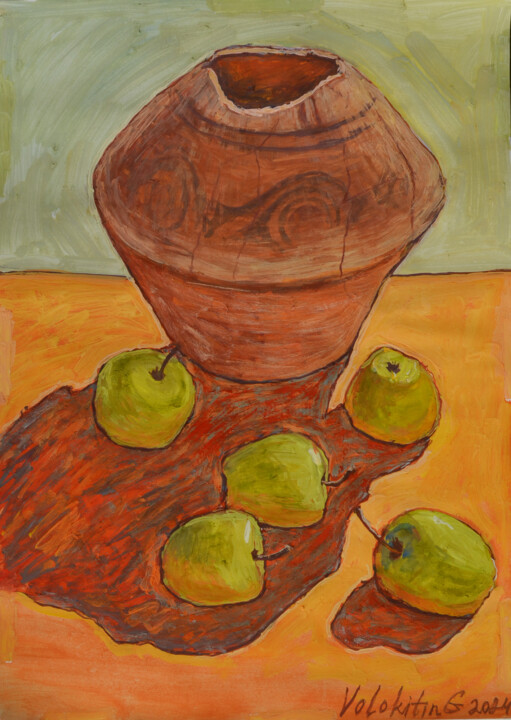 Pittura intitolato "Jug and apples" da Hennadii Volokitin, Opera d'arte originale, Gouache