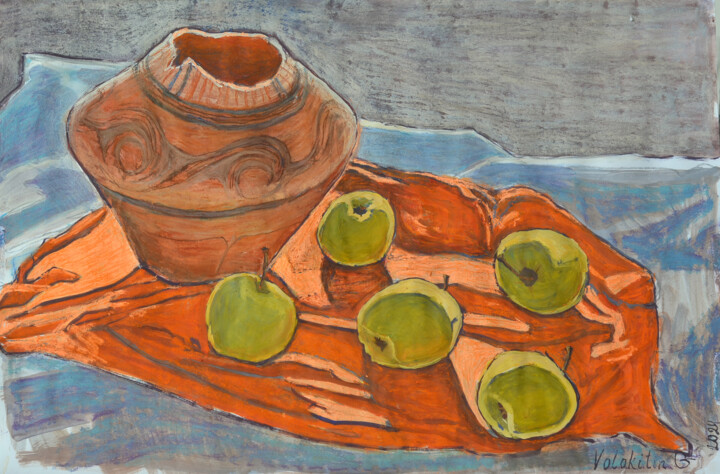 Painting titled "Jug & apples" by Hennadii Volokitin, Original Artwork, Gouache