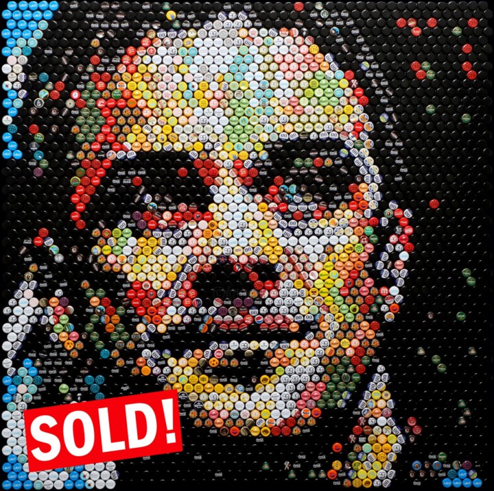 Collagen mit dem Titel "Robbie Williams" von Henning Leuschner, Original-Kunstwerk, Collagen