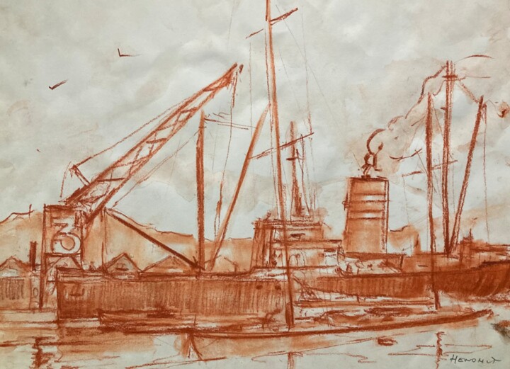 Drawing titled "Harbour, crane numb…" by Hénohut De Zhéry, Original Artwork, Pencil Mounted on Cardboard