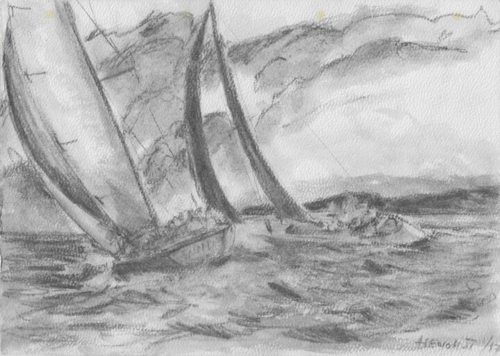 Dessin intitulée "Deux sloops moderne…" par Henohut, Œuvre d'art originale, Fusain
