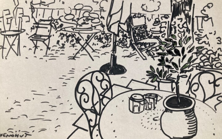 Dessin intitulée "Table et jardin la…" par Henohut, Œuvre d'art originale, Acrylique