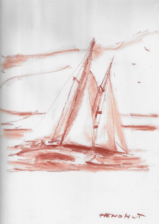 Drawing titled "Sloop bermudien et…" by Hénohut De Zhéry, Original Artwork, Chalk