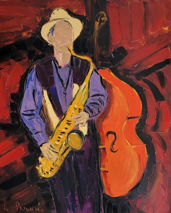 Painting titled "Le Musicien" by Henri Borowski, Original Artwork, Oil Mounted on Wood Stretcher frame