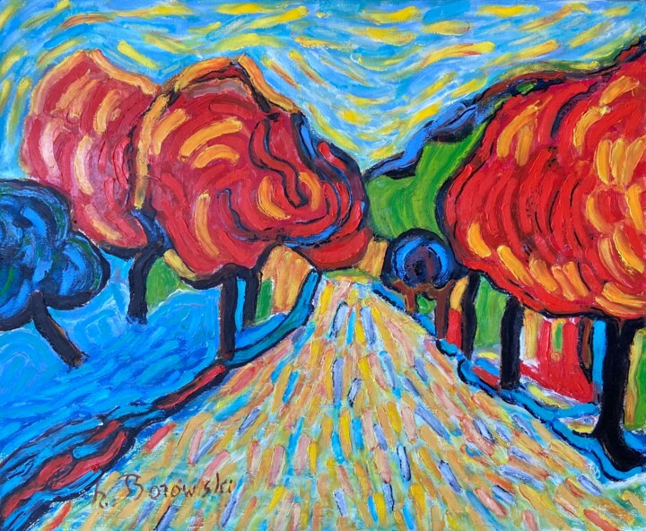 Schilderij getiteld "Chemin Jaune d'Auto…" door Henri Borowski, Origineel Kunstwerk, Olie