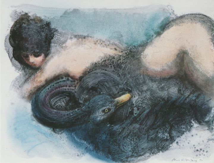 Painting titled "Leda au Cygne noir" by Henri Eisenberg, Original Artwork, Watercolor