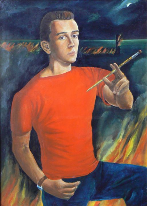 Pintura titulada "Autoportrait au pha…" por Henri Eisenberg, Obra de arte original, Oleo Montado en Otro panel rígido