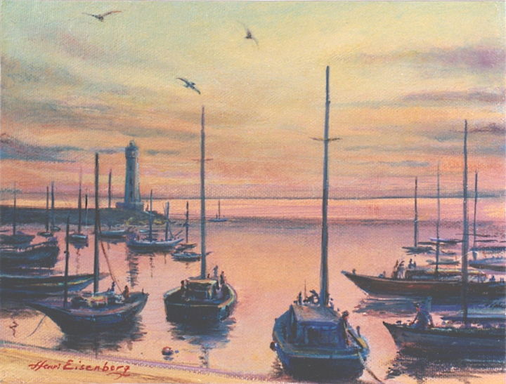 Peinture intitulée "Port au crépuscule" par Henri Eisenberg, Œuvre d'art originale, Acrylique Monté sur Châssis en bois