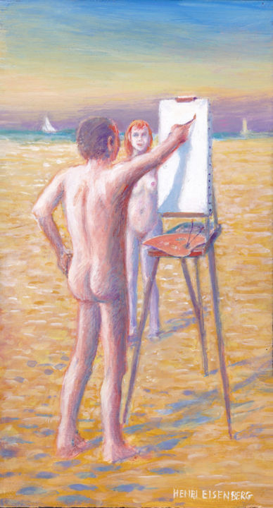 Painting titled "Peintre et Modèle à…" by Henri Eisenberg, Original Artwork, Acrylic Mounted on Wood Stretcher frame