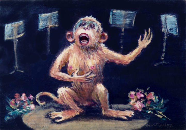 Peinture intitulée "Singe cantatrice" par Henri Eisenberg, Œuvre d'art originale, Acrylique Monté sur Panneau de bois