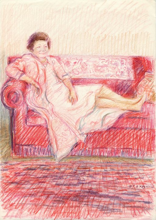 Dessin intitulée "Maman au canapé rou…" par Henri Eisenberg, Œuvre d'art originale, Crayon