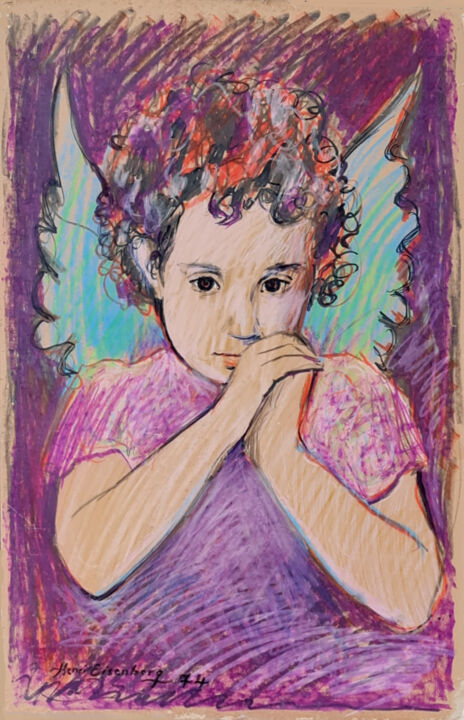 Картина под названием "Ma Fille en Ange" - Henri Eisenberg, Подлинное произведение искусства, Пастель Установлен на картон
