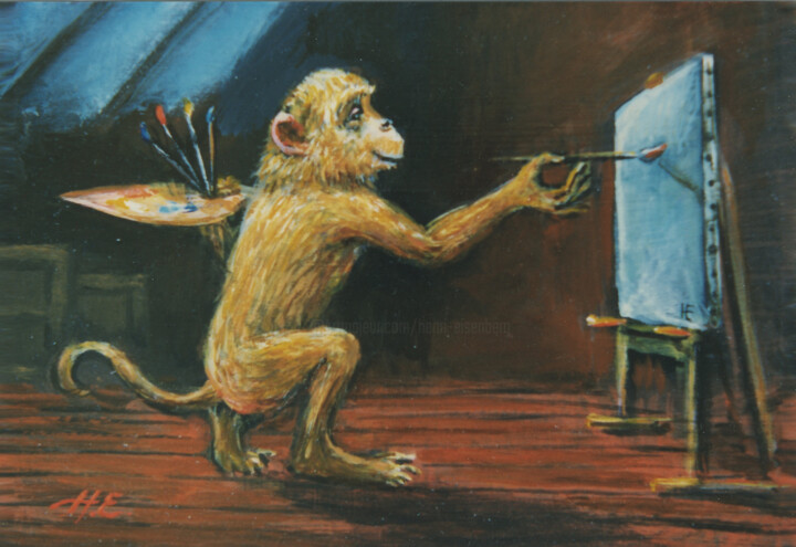 Peinture intitulée "Singe peintre" par Henri Eisenberg, Œuvre d'art originale, Acrylique Monté sur Panneau de bois