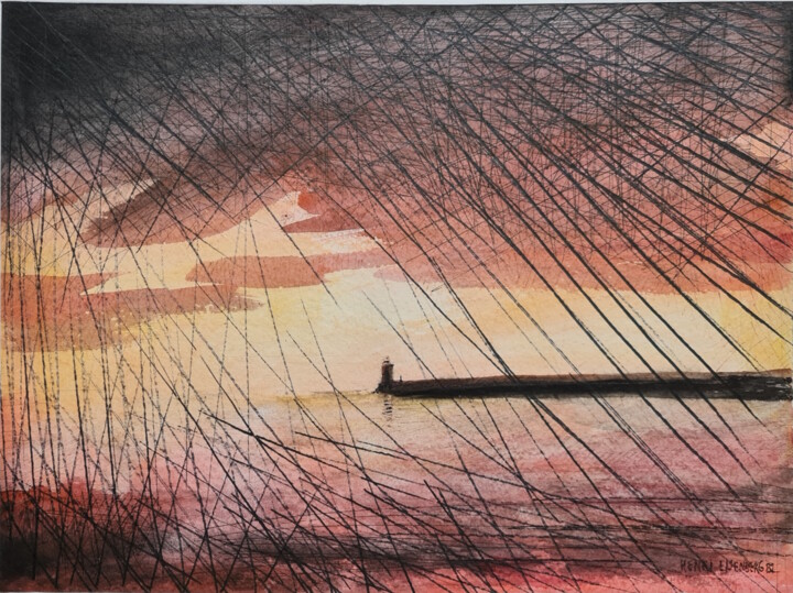 Pintura titulada "Port crépusculaire" por Henri Eisenberg, Obra de arte original, Acuarela Montado en Cartulina