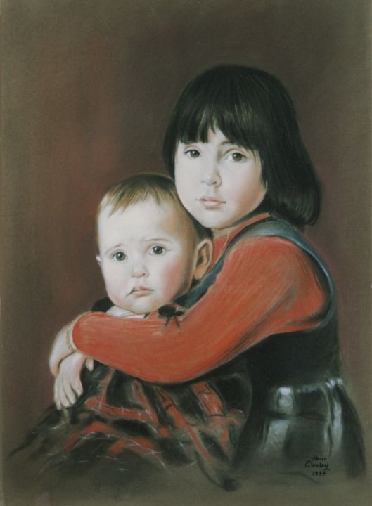 Dessin intitulée "Deux Enfants" par Henri Eisenberg, Œuvre d'art originale, Pastel