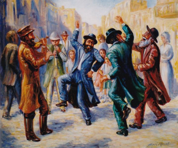 Painting titled "Rabbins et Musiciens" by Henri Eisenberg, Original Artwork, Acrylic