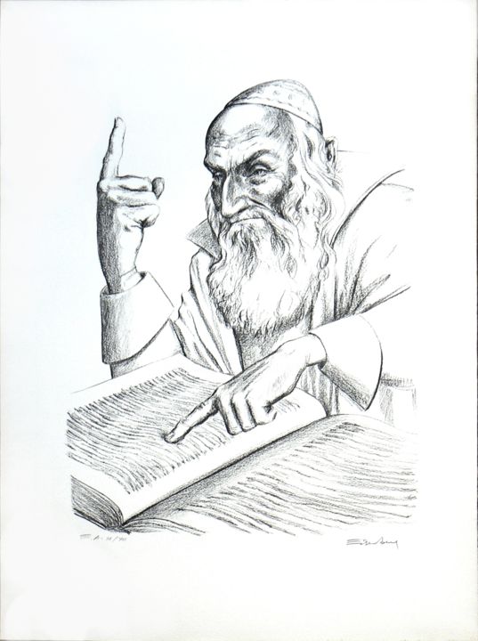 Gravures & estampes intitulée "Rabbin qui enseigne" par Henri Eisenberg, Œuvre d'art originale, Lithographie
