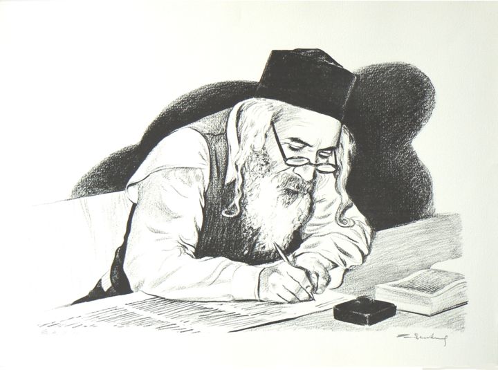 Gravures & estampes intitulée "Rabbin qui écrit" par Henri Eisenberg, Œuvre d'art originale, Lithographie