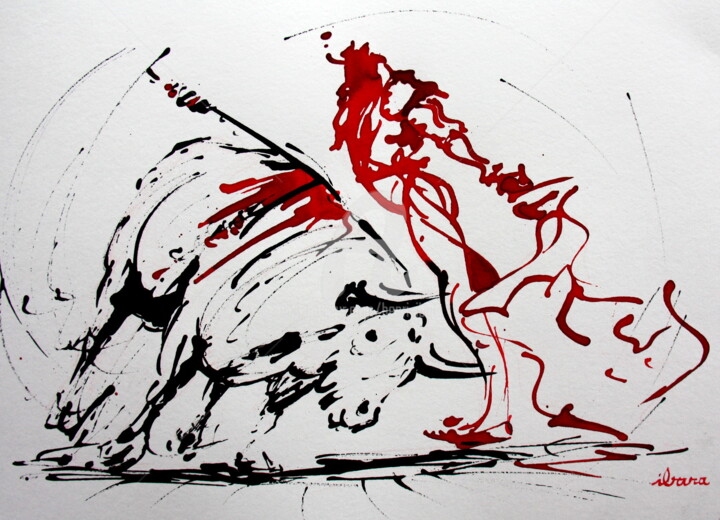 Dessin intitulée "Tauromachie N°8" par Henri Ibara, Œuvre d'art originale, Encre
